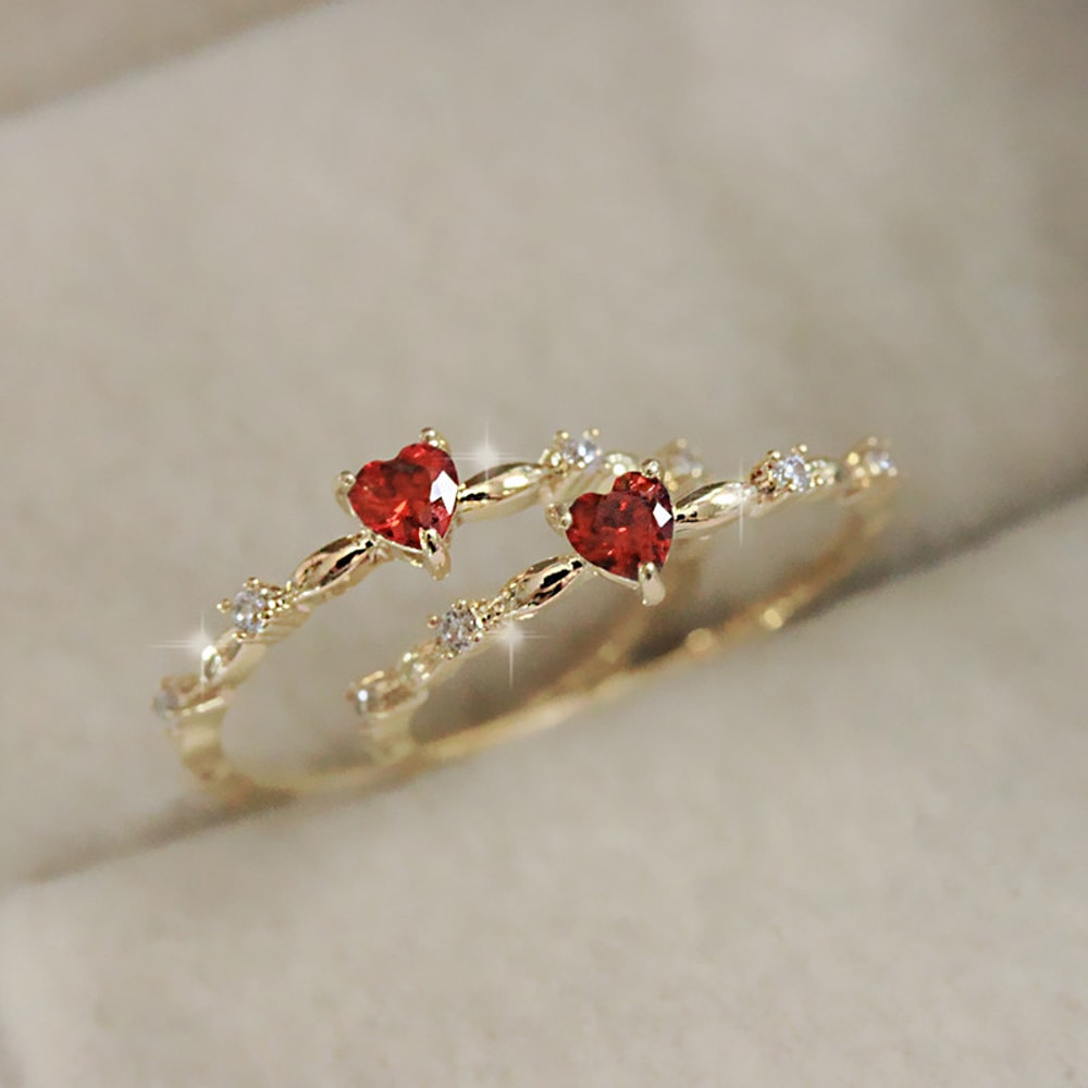 Ruby Heart CZ Engagement Ring for Women Thin Band Romantic Promise Jewelry