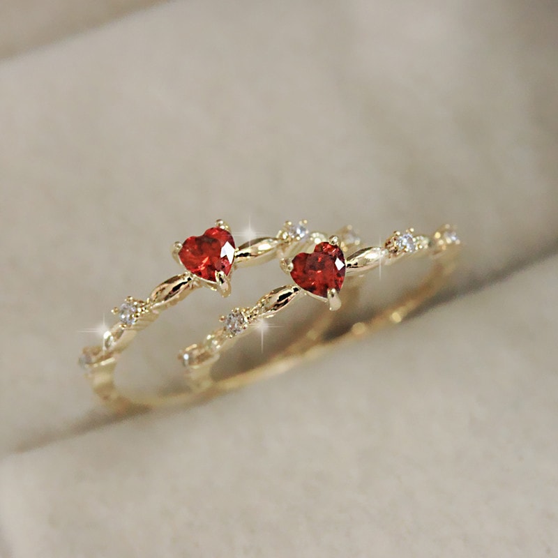 Ruby Heart CZ Engagement Ring for Women Thin Band Romantic Promise Jewelry