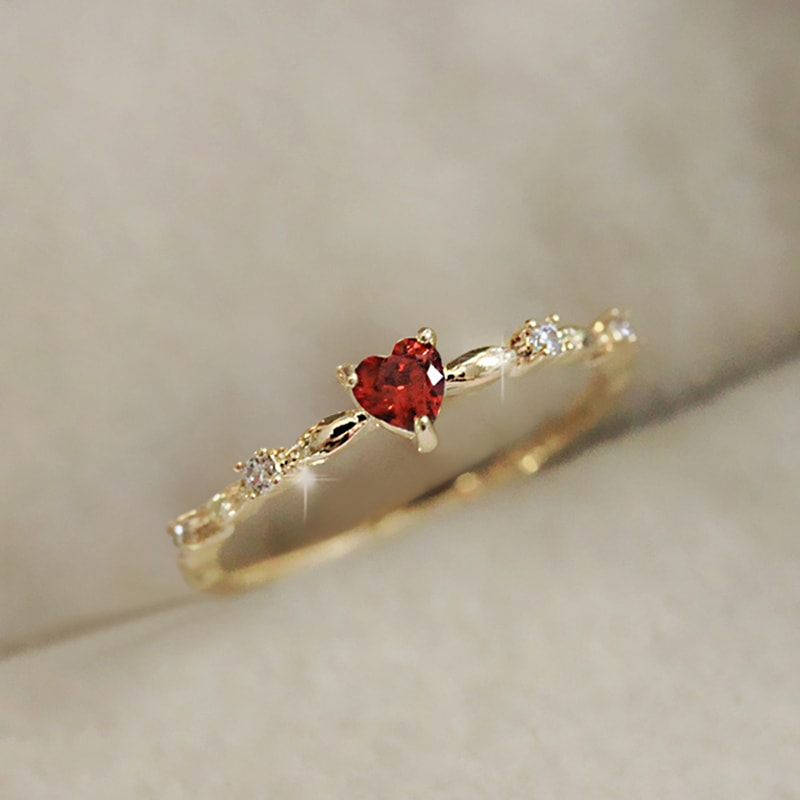 Ruby Heart CZ Engagement Ring for Women Thin Band Romantic Promise Jewelry