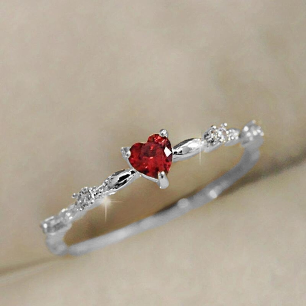 Ruby Heart CZ Engagement Ring for Women Thin Band Romantic Promise Jewelry