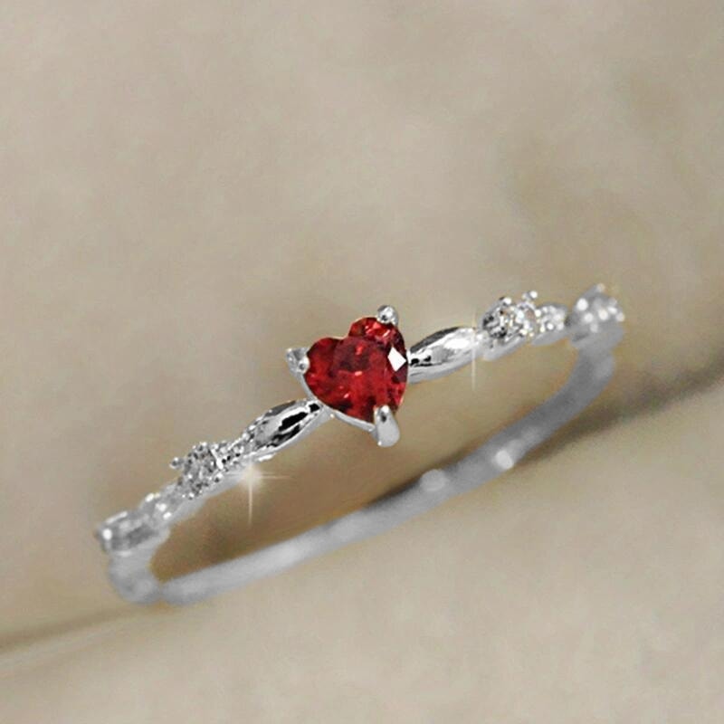 Ruby Heart CZ Engagement Ring for Women Thin Band Romantic Promise Jewelry