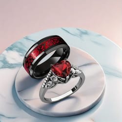 dragon heart gothic couple ring with red crystal zircon