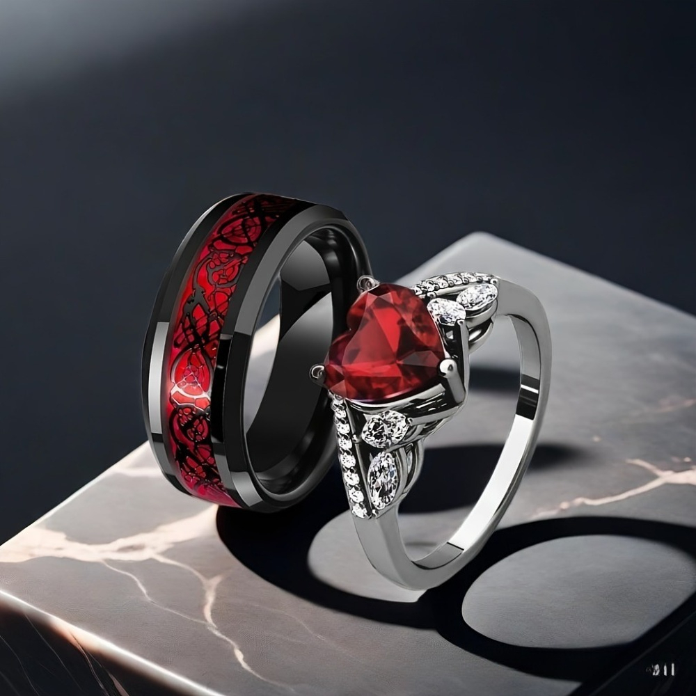 Dragon Heart Gothic Couple Ring with Red Crystal Zircon