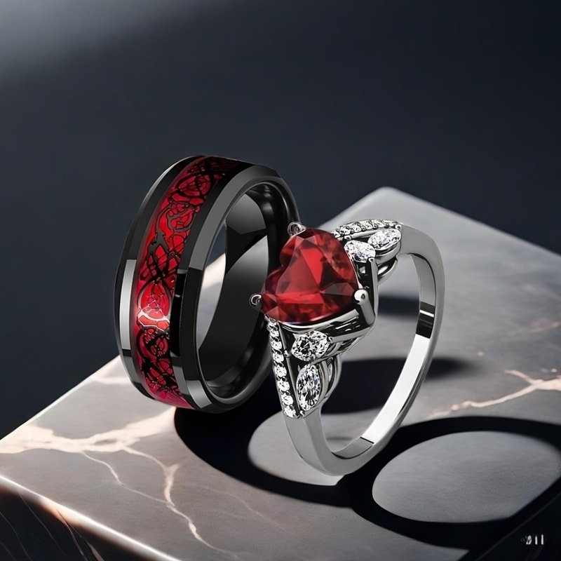 Dragon Heart Gothic Couple Ring with Red Crystal Zircon