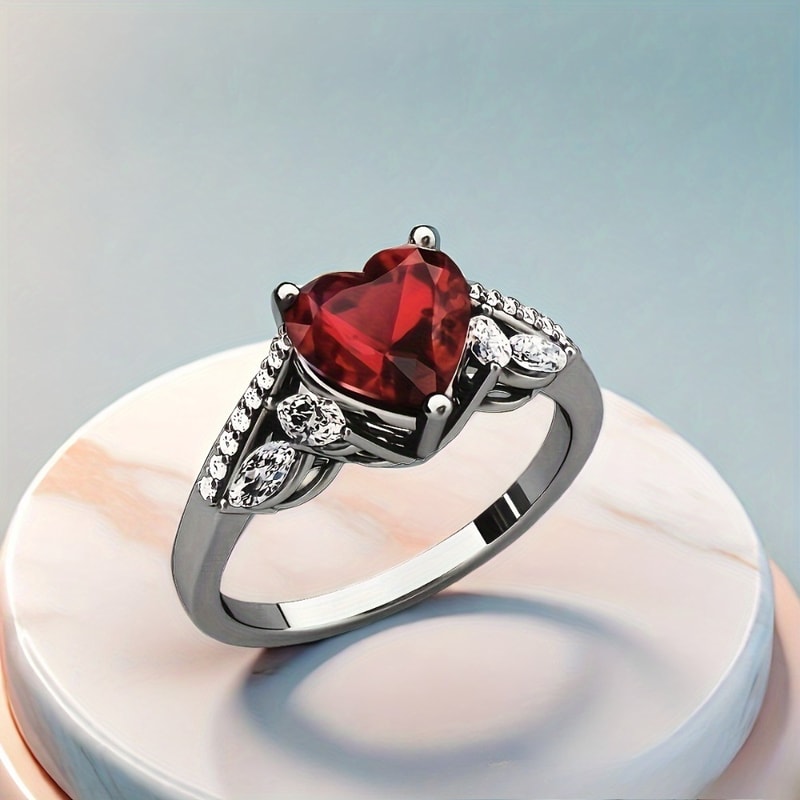 Dragon Heart Gothic Couple Ring with Red Crystal Zircon