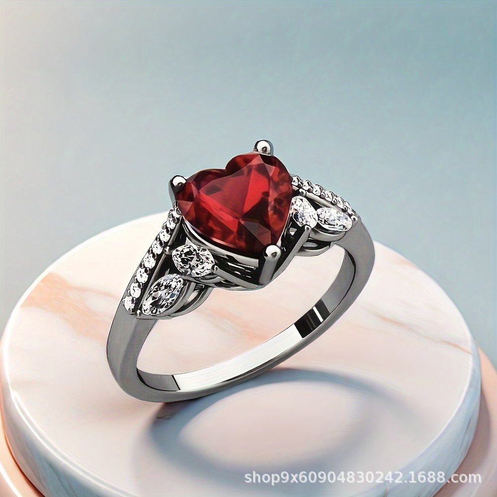 Dragon Heart Gothic Couple Ring with Red Crystal Zircon