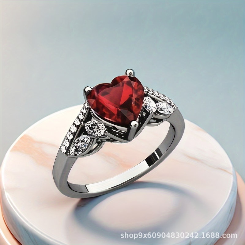 Dragon Heart Gothic Couple Ring with Red Crystal Zircon