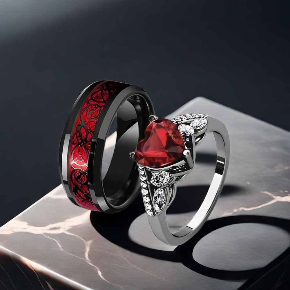 Dragon Heart Gothic Couple Ring with Red Crystal Zircon