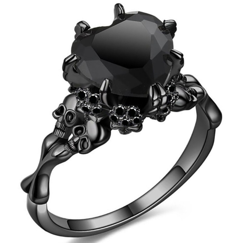 Dark Romance Gothic Skull Ring With Red Crystal Heart For Women 0