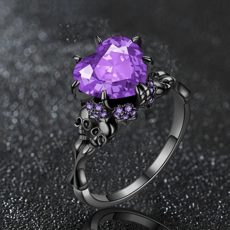 Dark Romance Gothic Skull Ring With Red Crystal Heart For Women 4
