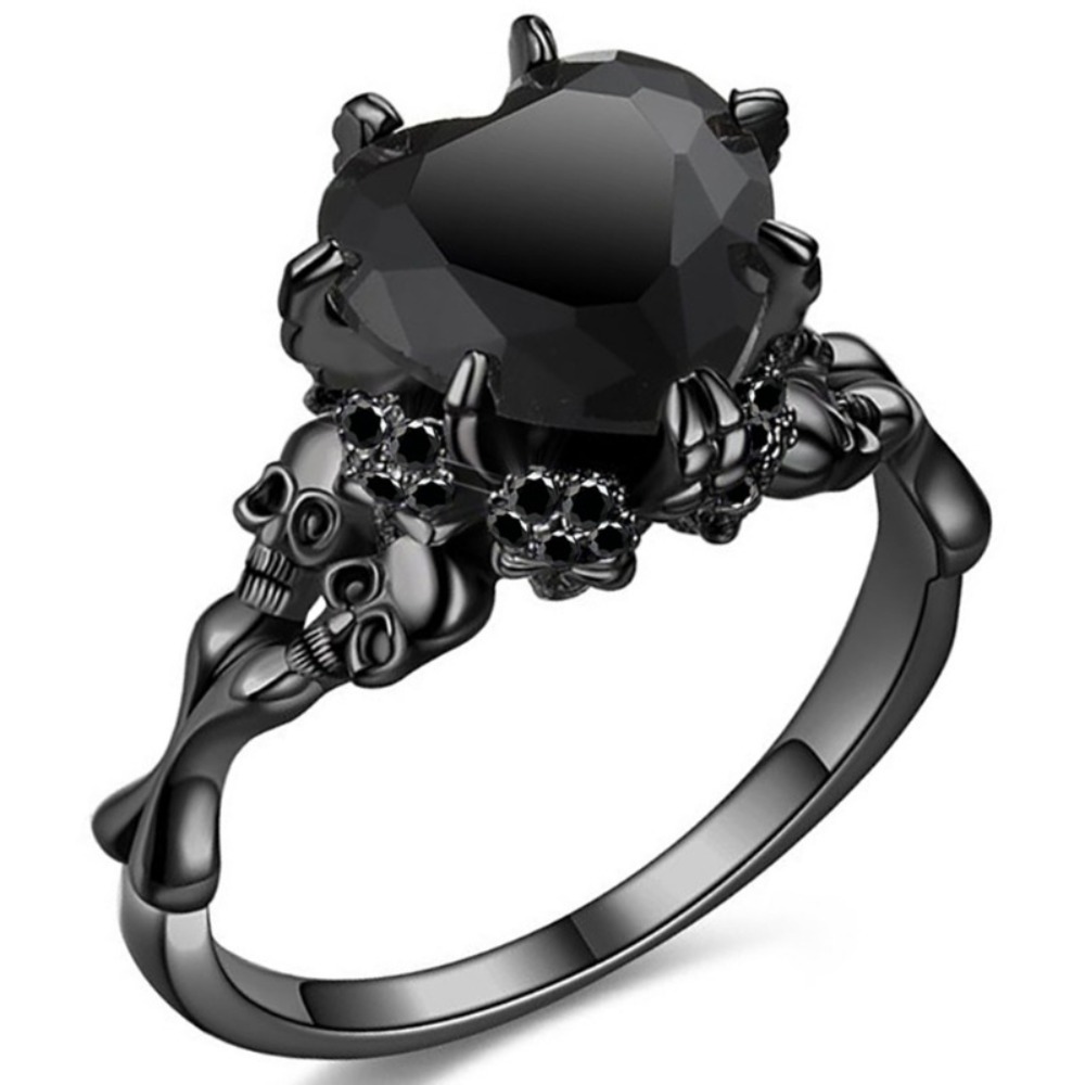 Dark Romance Gothic Skull Ring With Red Crystal Heart For Women 7