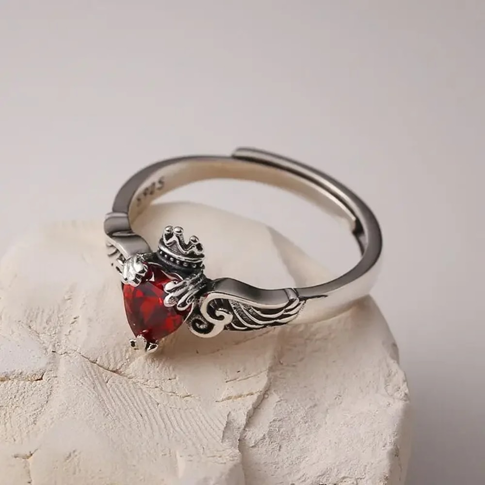 Crimson Heart Sterling Silver Red Zircon Gothic Engagement Ring