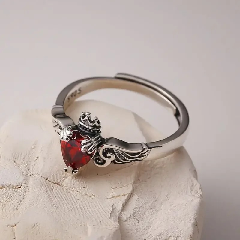 Crimson Heart Sterling Silver Red Zircon Gothic Engagement Ring