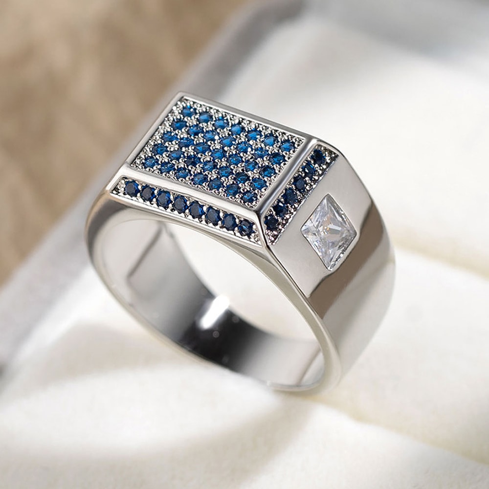 Blue Heart CZ Couple Ring Silver Tone Engagement Band