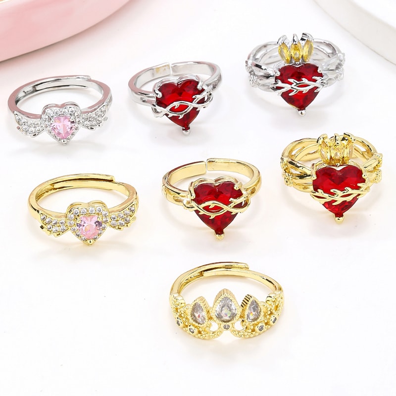 Angel Wings Sacred Heart Ring with Red Cubic Zirconia Gold Plated Jewelry