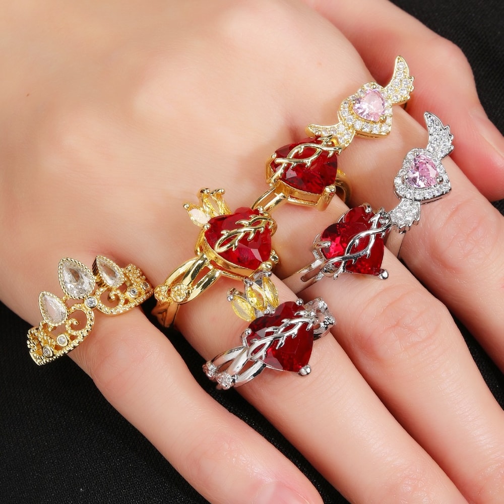 Angel Wings Sacred Heart Ring with Red Cubic Zirconia Gold Plated Jewelry