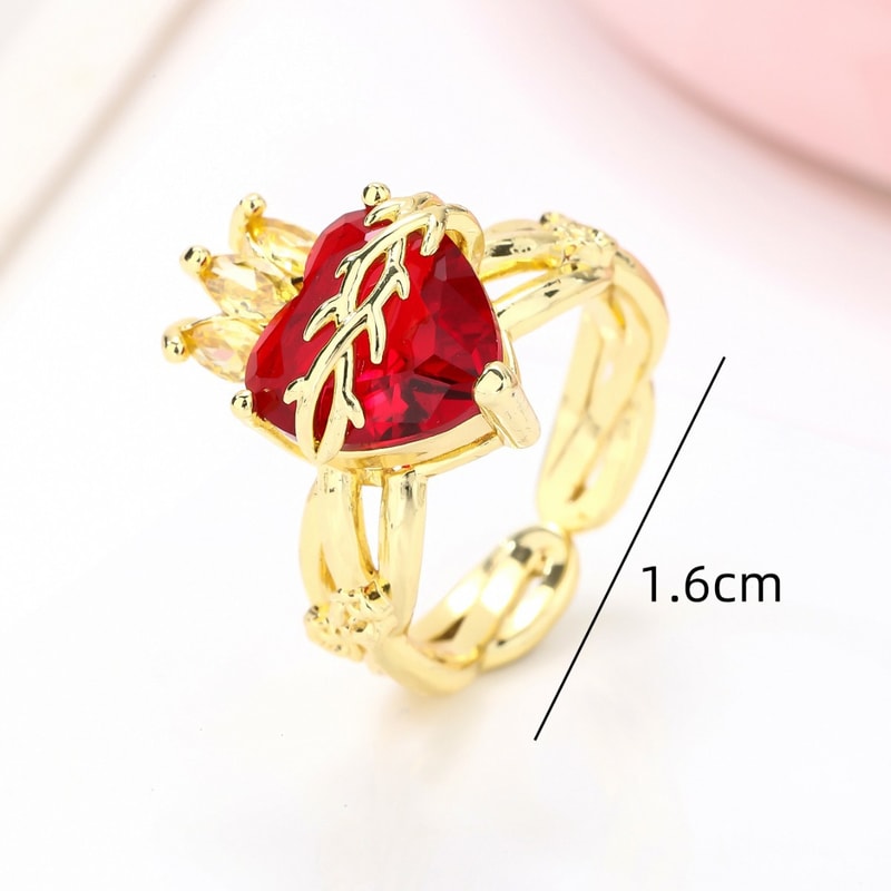Angel Wings Sacred Heart Ring with Red Cubic Zirconia Gold Plated Jewelry