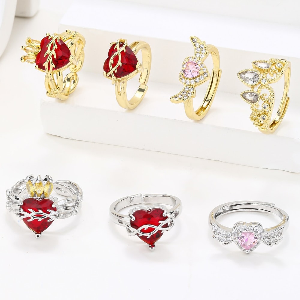 Angel Wings Sacred Heart Ring with Red Cubic Zirconia Gold Plated Jewelry