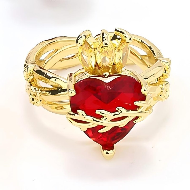 Angel Wings Sacred Heart Ring with Red Cubic Zirconia Gold Plated Jewelry