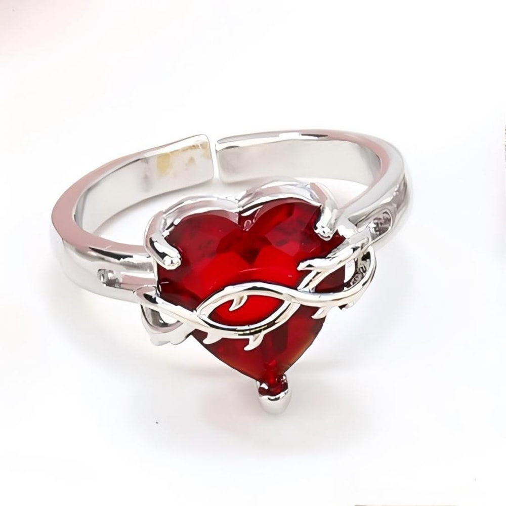 Angel Wings Sacred Heart Ring with Red Cubic Zirconia Gold Plated Jewelry