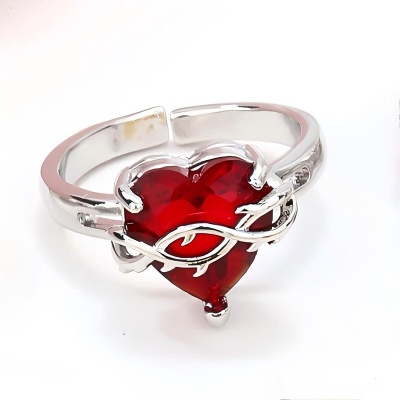 Angel Wings Sacred Heart Ring with Red Cubic Zirconia Gold Plated Jewelry