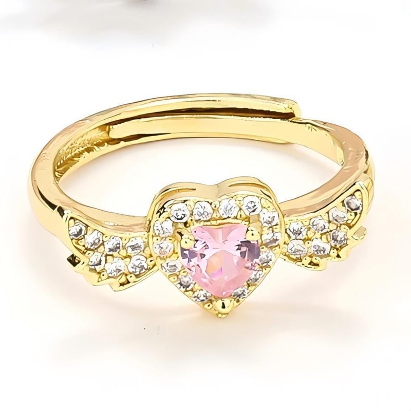 Angel Wings Sacred Heart Ring with Red Cubic Zirconia Gold Plated Jewelry