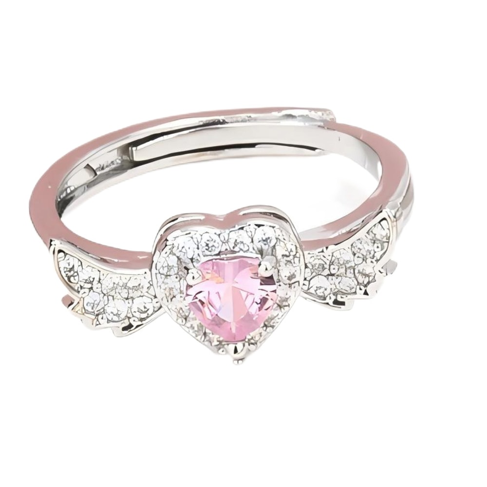 Angel Wings Sacred Heart Ring with Red Cubic Zirconia Gold Plated Jewelry