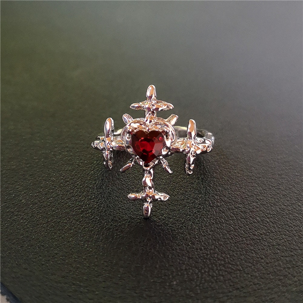 Crimson Heart Cross Open Ring – Gothic Ring for Punk Grunge & Emo Style