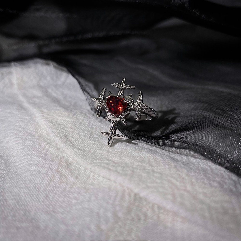 Crimson Heart Cross Open Ring – Gothic Ring for Punk Grunge & Emo Style