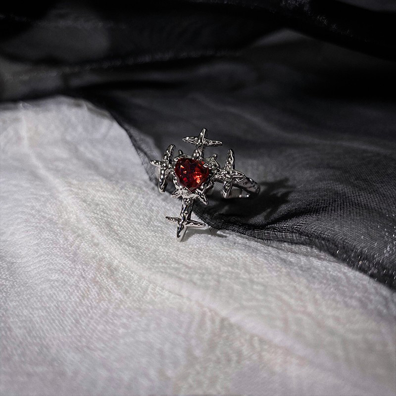 Crimson Heart Cross Open Ring – Gothic Ring for Punk Grunge & Emo Style