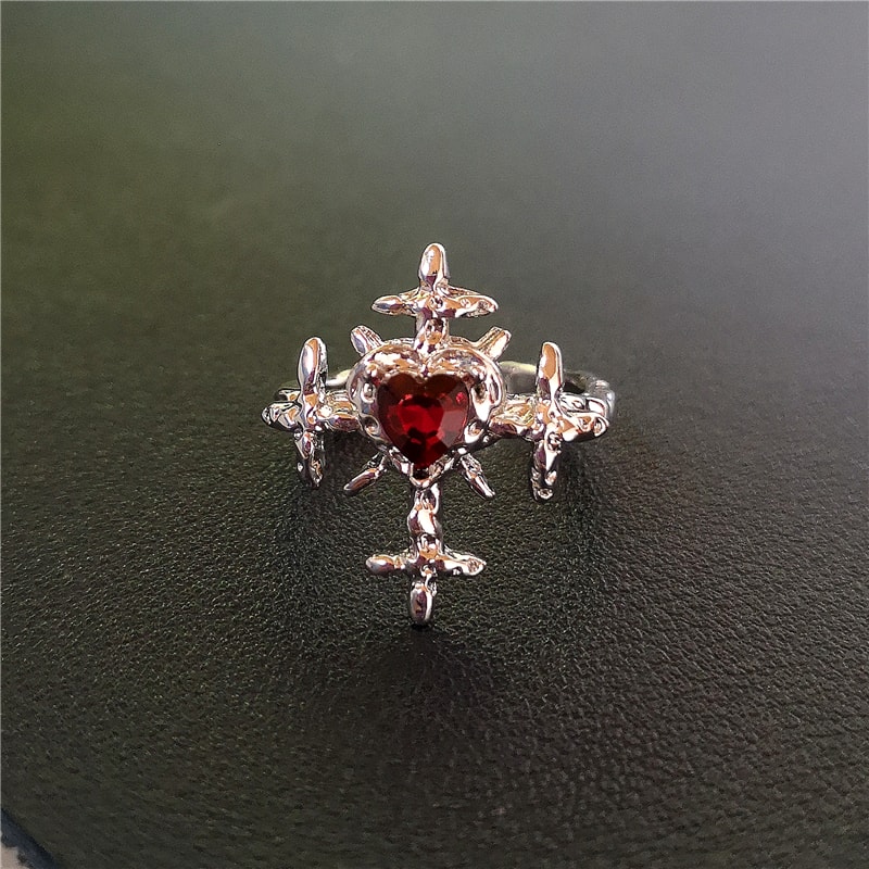 Crimson Heart Cross Open Ring – Gothic Ring for Punk Grunge & Emo Style