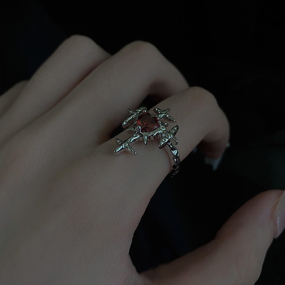 Crimson Heart Cross Open Ring – Gothic Ring for Punk Grunge & Emo Style