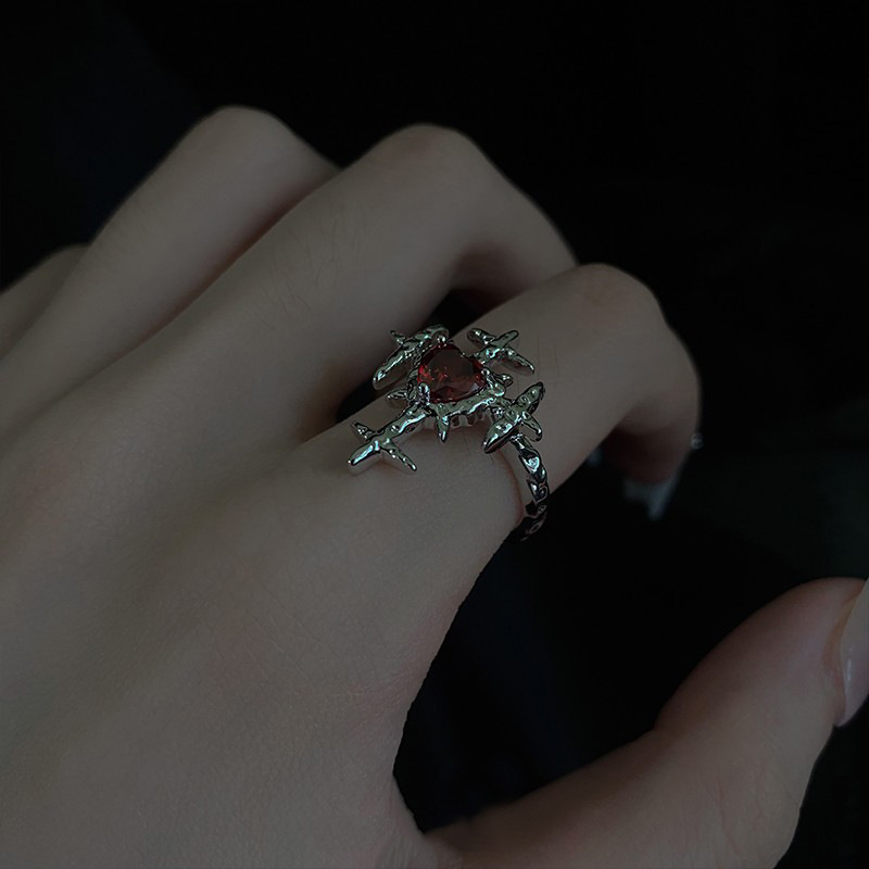 Crimson Heart Cross Open Ring – Gothic Ring for Punk Grunge & Emo Style