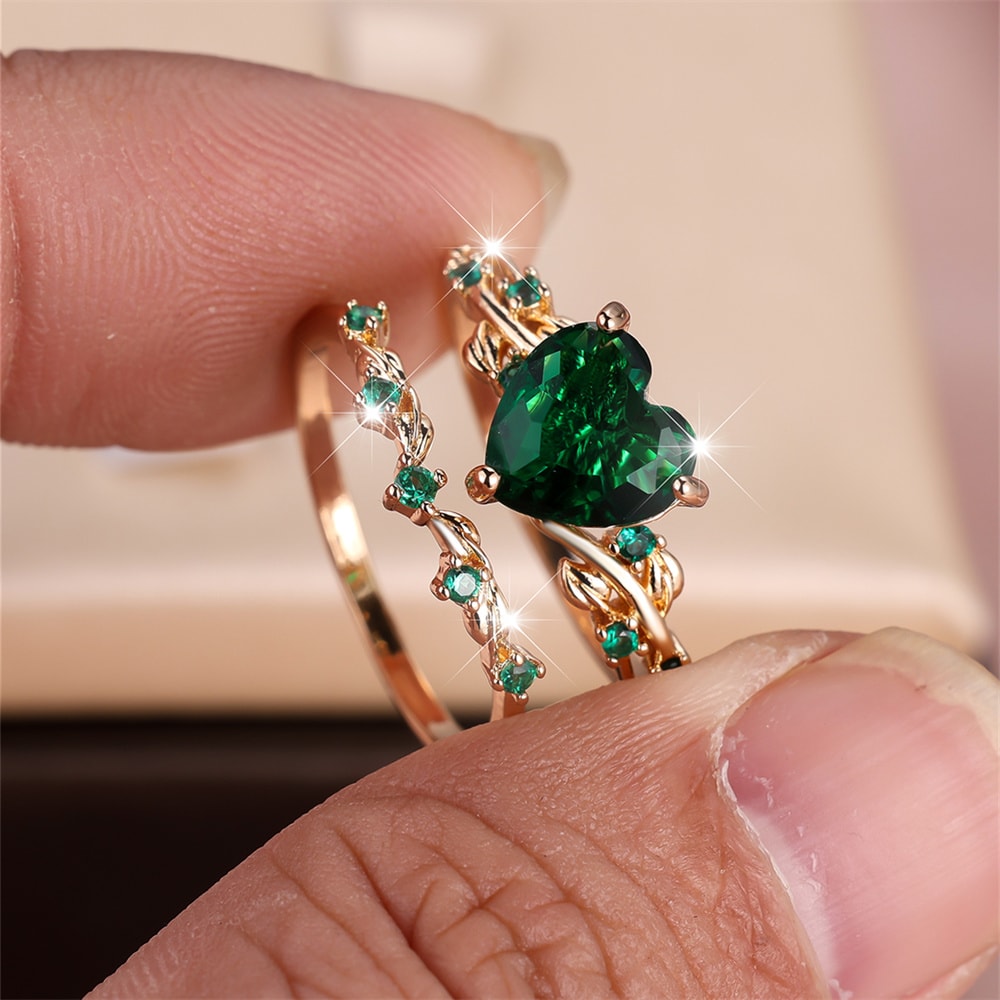 Rose Gold Heart Stone Bridal Ring Set For Women With Zircon Wedding Bands 2