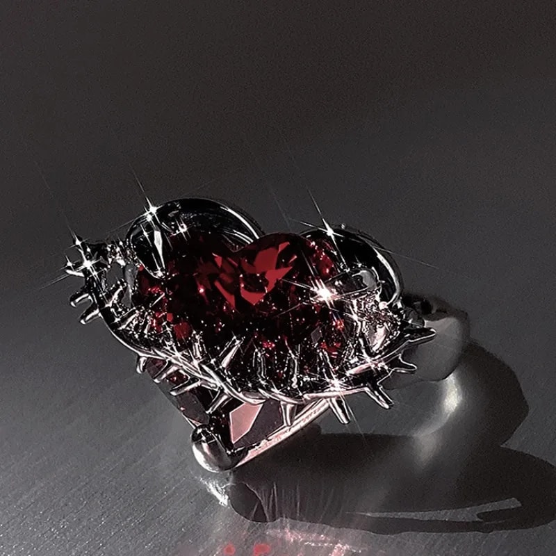 Vintage Gothic Red Heart Zirconia Adjustable Ring for Women