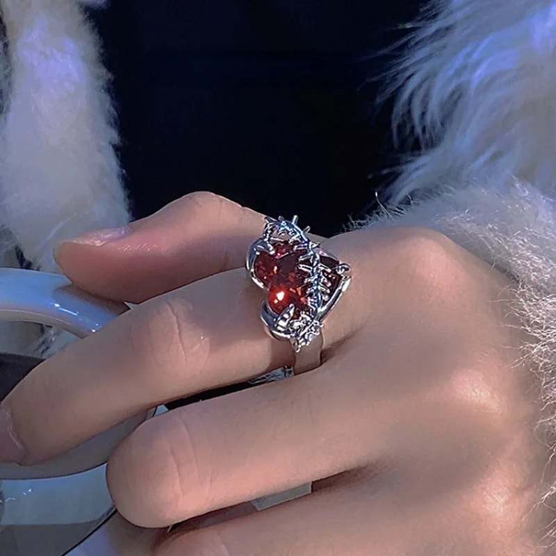Vintage Gothic Red Heart Zirconia Adjustable Ring for Women