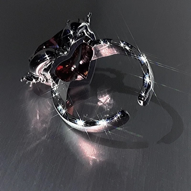 Vintage Gothic Red Heart Zirconia Adjustable Ring for Women