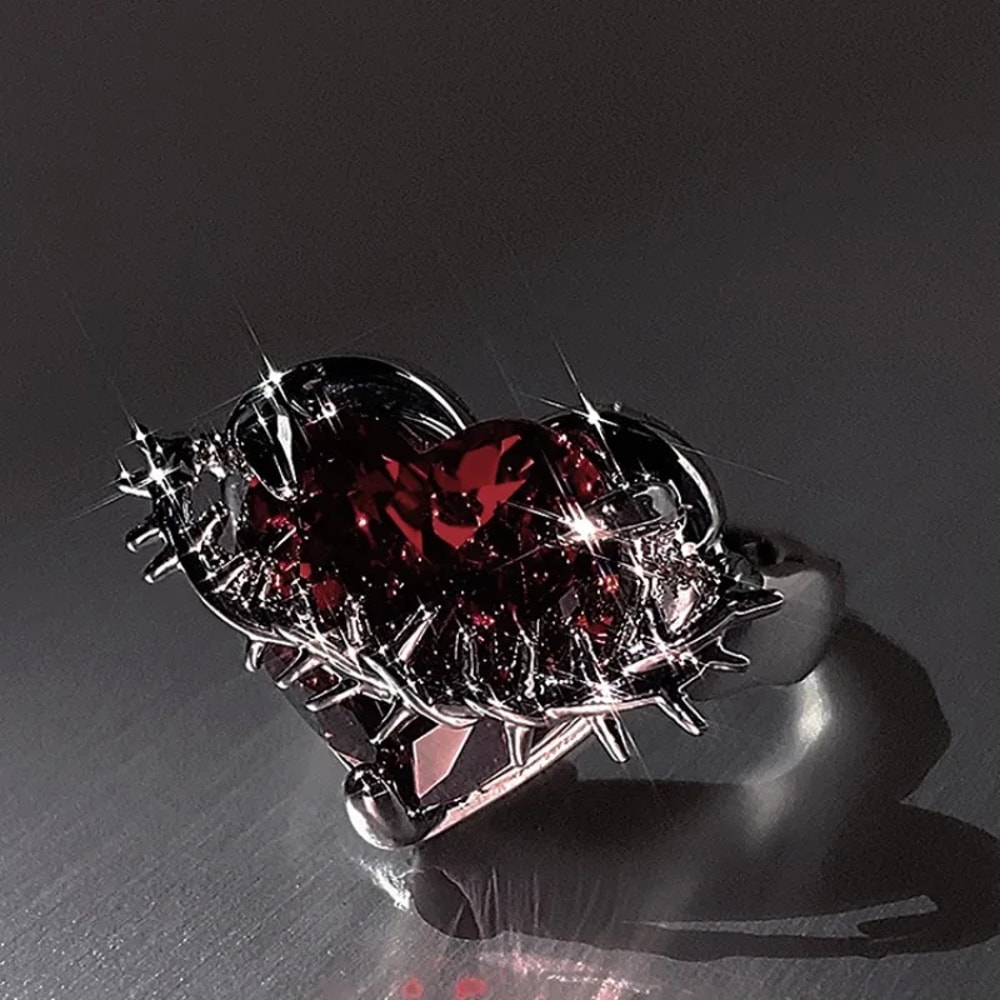 Vintage Gothic Red Heart Zirconia Adjustable Ring for Women