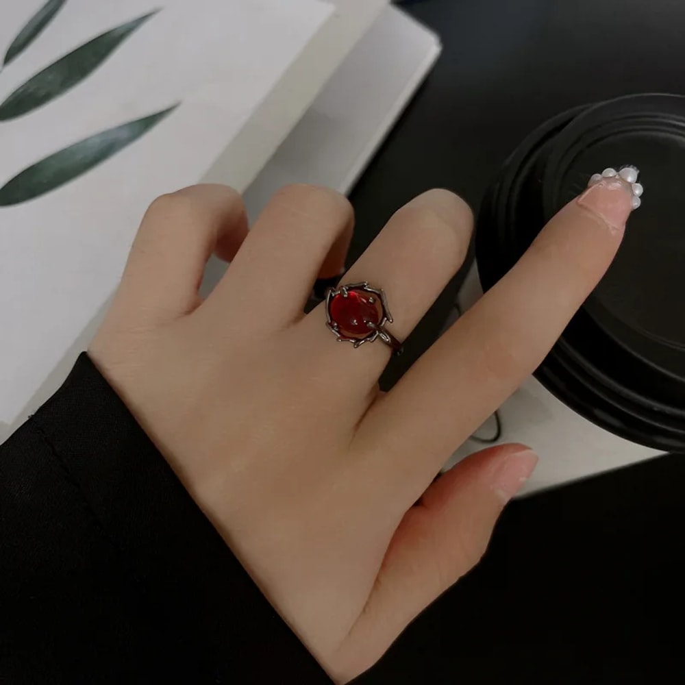 Vintage Gothic Red Heart Zirconia Adjustable Ring for Women