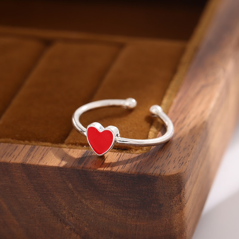 Sterling Silver Red Heart Ring Adjustable Peach Heart Enamel Ring for Women