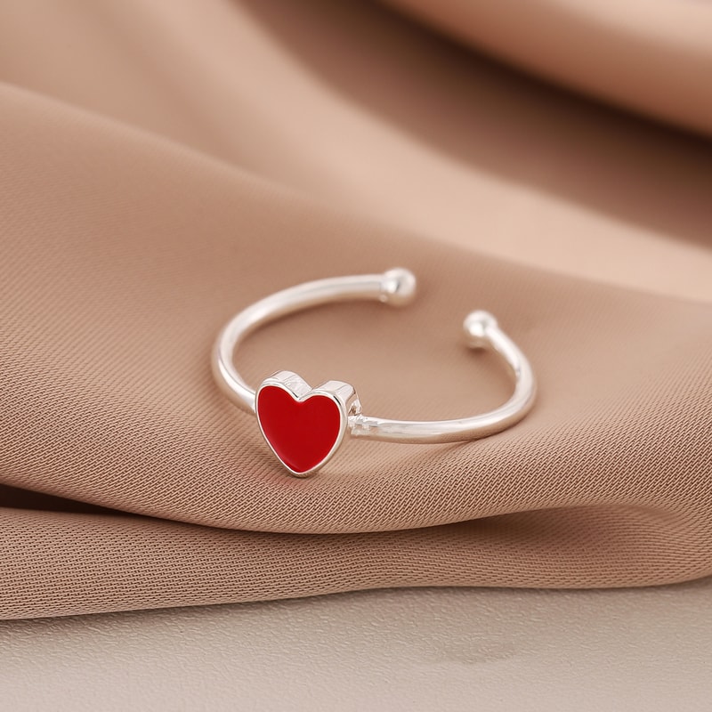 Sterling Silver Red Heart Ring Adjustable Peach Heart Enamel Ring for Women