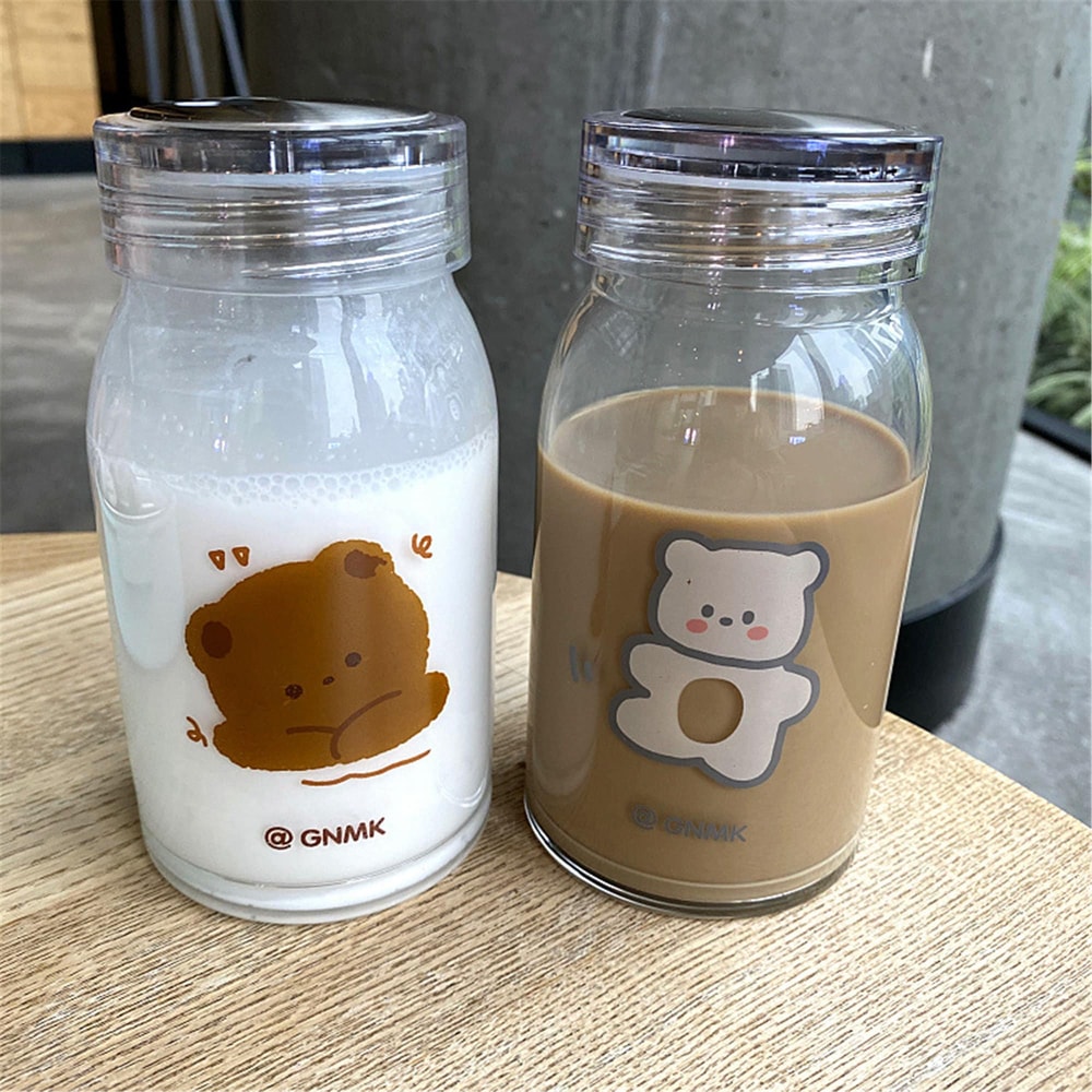 Cute Bear Glass Water Bottle Portable Cartoon Travel Cup With Lid 0