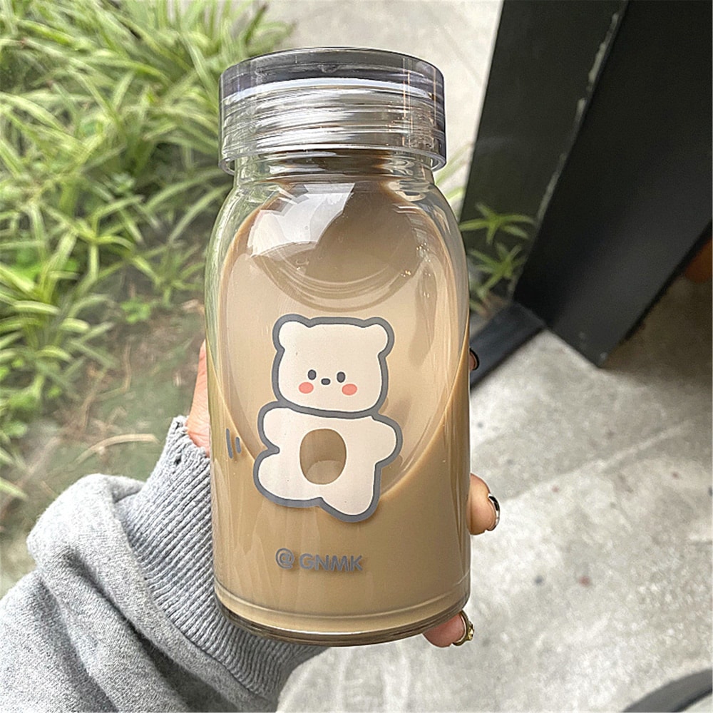 Cute Bear Glass Water Bottle Portable Cartoon Travel Cup With Lid 1