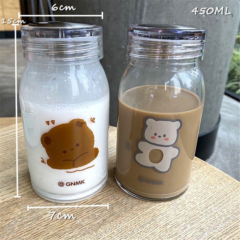 Cute Bear Glass Water Bottle Portable Cartoon Travel Cup With Lid 2