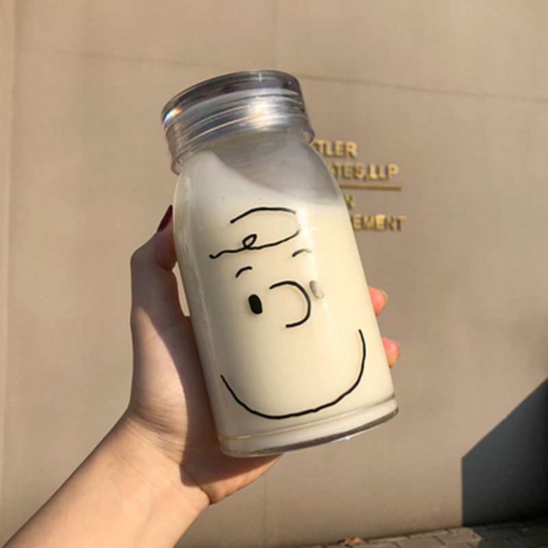 Cute Bear Glass Water Bottle Portable Cartoon Travel Cup With Lid 5
