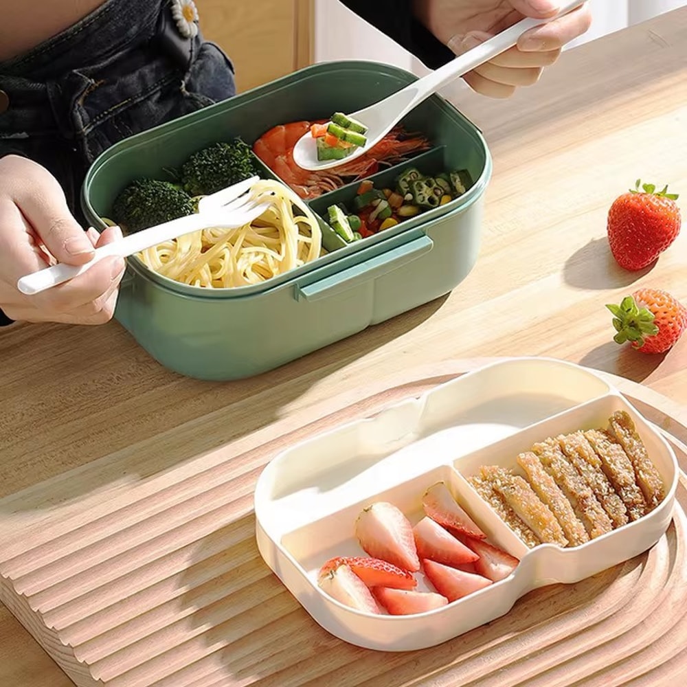 Portable Lunch Box With Fork Spoon Double Layer Food Storage Container 1
