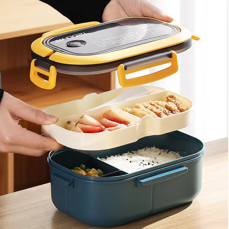 Portable Lunch Box With Fork Spoon Double Layer Food Storage Container 2