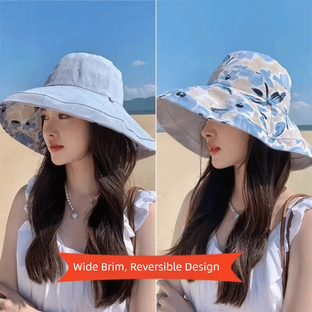 Reversible Wide Brim Sun Hat for Women with UV Protection and Windproof Beach Style