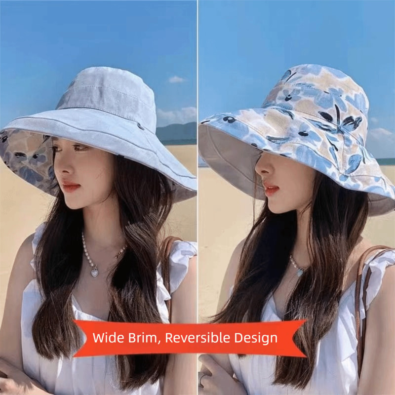 Reversible Wide Brim Sun Hat for Women with UV Protection and Windproof Beach Style