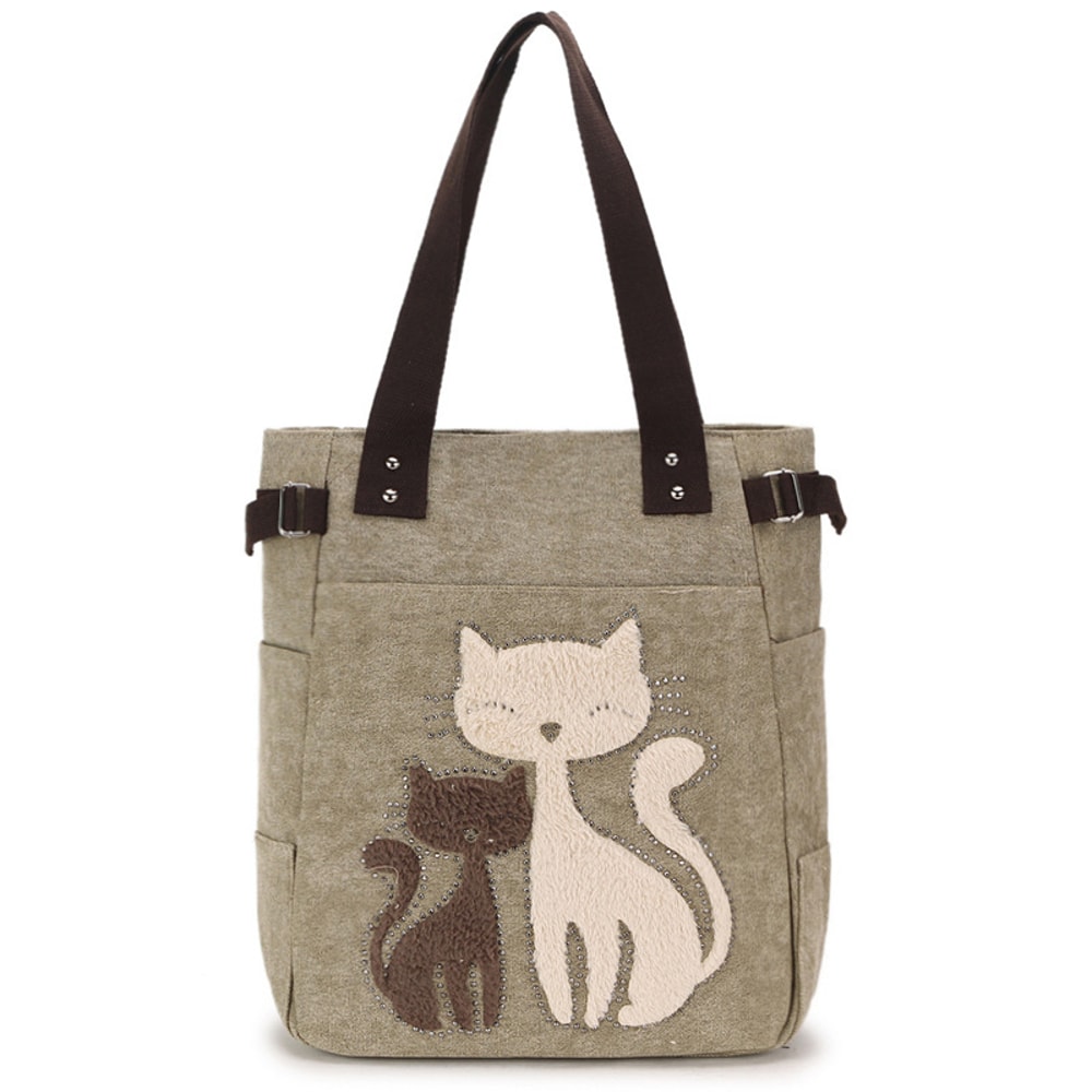 Cute Cat Canvas Tote Bag for Women Plush Kitten Shoulder Bag for School, Shopping & Daily Use